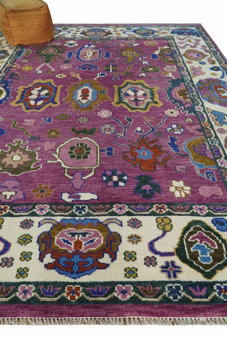 Vibrant Colorful Hand knotted Purple and Ivory Oushak wool Area Rug