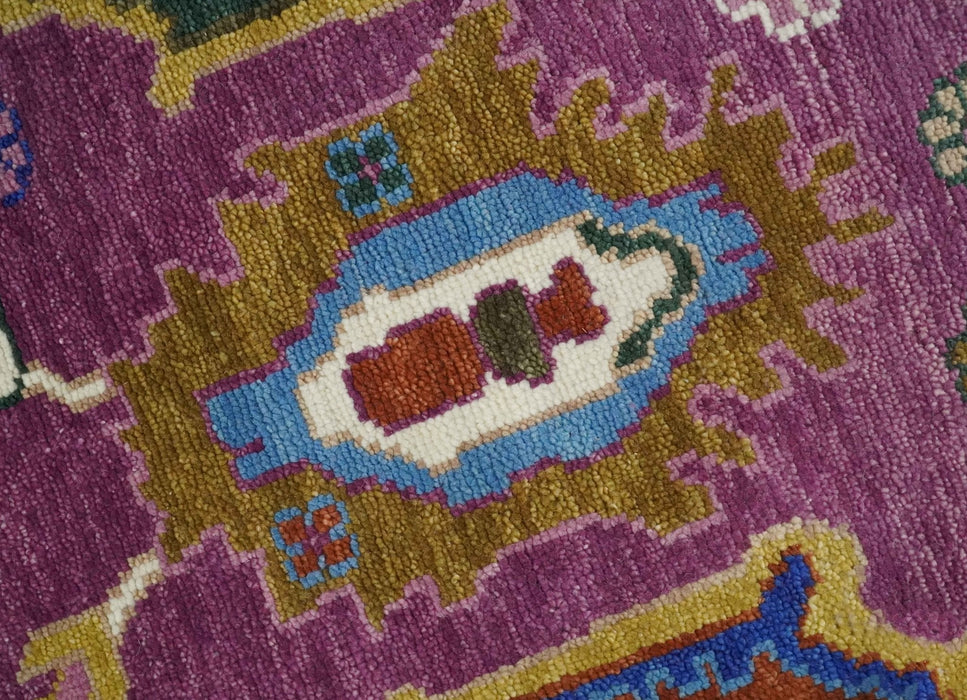 Vibrant Colorful Hand knotted Purple and Ivory Oushak wool Area Rug