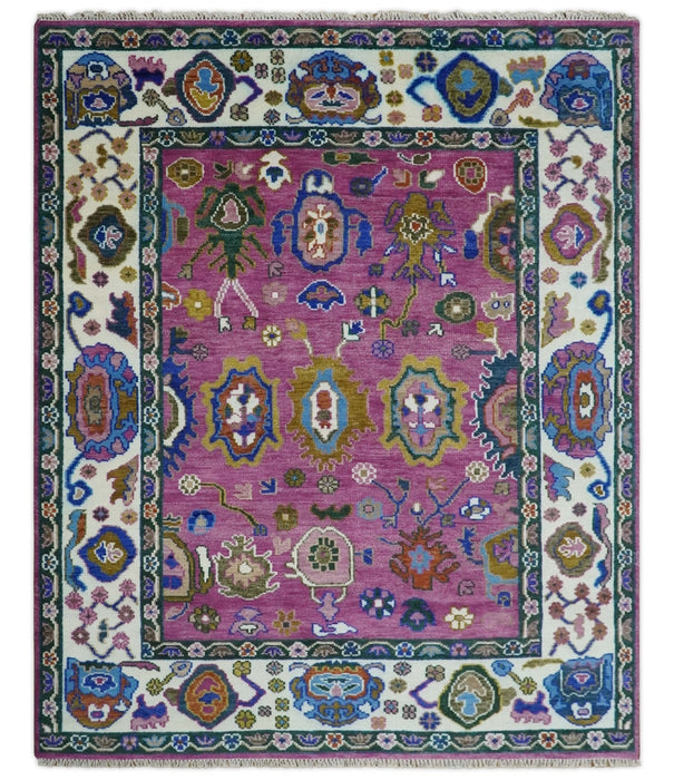 Vibrant Colorful Hand knotted Purple and Ivory Oushak wool Area Rug