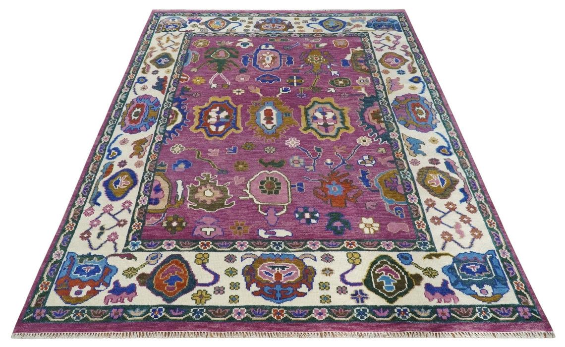 Vibrant Colorful Hand knotted Purple and Ivory Oushak wool Area Rug
