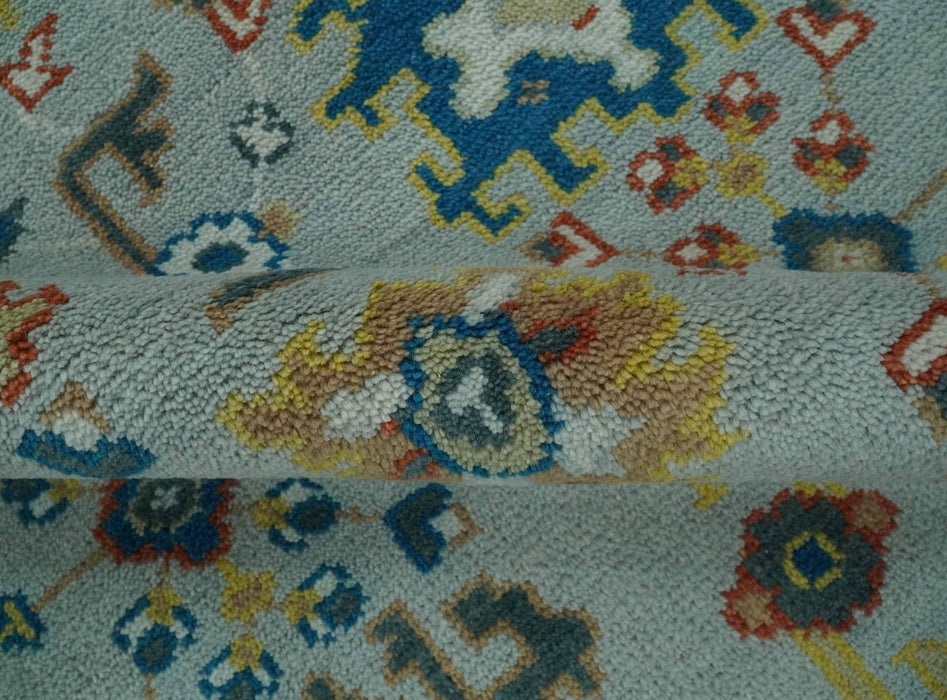 Vibrant Colorful Light Blue, Mustard, Brown and Blue Hand Knotted Traditional Oushak Multi Size wool Area Rug