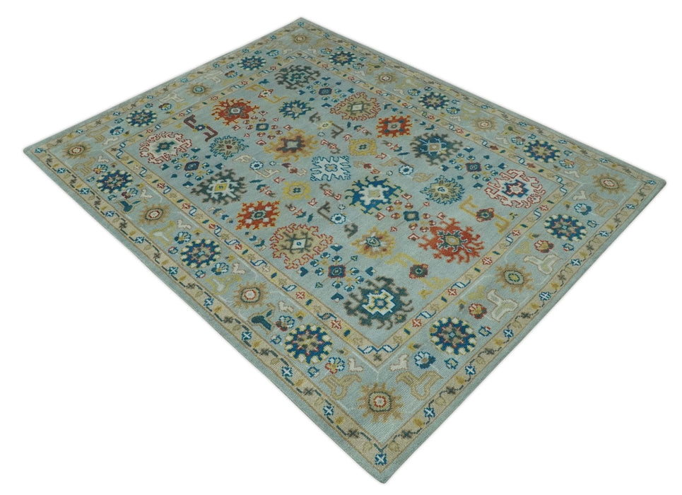 Vibrant Colorful Light Blue, Mustard, Brown and Blue Hand Knotted Traditional Oushak Multi Size wool Area Rug