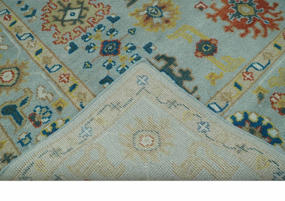 Vibrant Colorful Light Blue, Mustard, Brown and Blue Hand Knotted Traditional Oushak Multi Size wool Area Rug