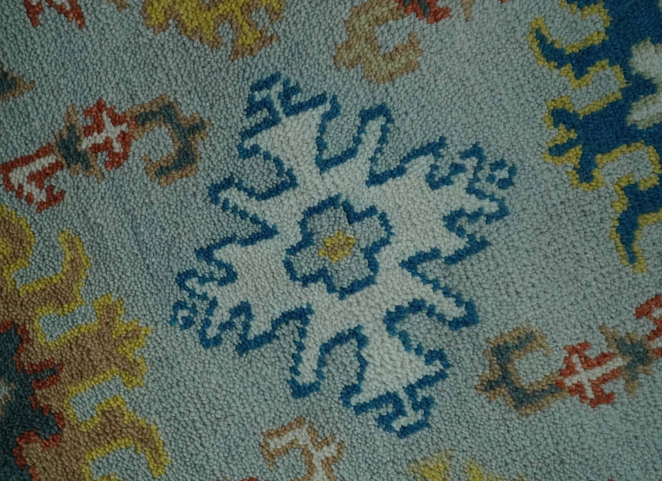 Vibrant Colorful Light Blue, Mustard, Brown and Blue Hand Knotted Traditional Oushak Multi Size wool Area Rug