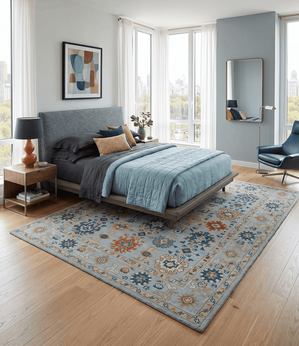 Vibrant Colorful Light Blue, Mustard, Brown and Blue Hand Knotted Traditional Oushak Multi Size wool Area Rug