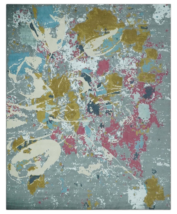 Vibrant Colorful Modern Abstract Gray, Olive, Purple and Ivory Hand knotted 10x14 and 12x15 wool Area Rug