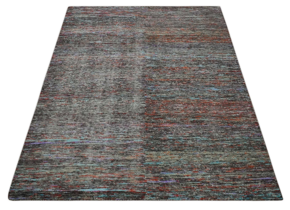 Vibrant Colorful Rust, Violet, Charcoal, Silver and Aqua Modern Abstract Flat Woven 8x10 wool Area Rug