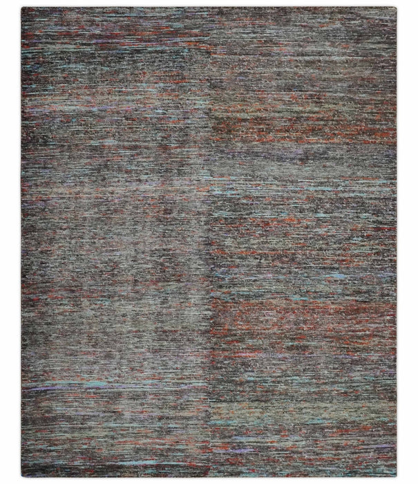 Vibrant Colorful Rust, Violet, Charcoal, Silver and Aqua Modern Abstract Flat Woven 8x10 wool Area Rug