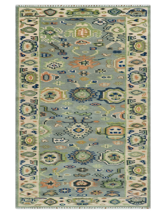Vibrant Colorful Silver, Green and Light Peach Hand knotted Oushak wool Area Rug