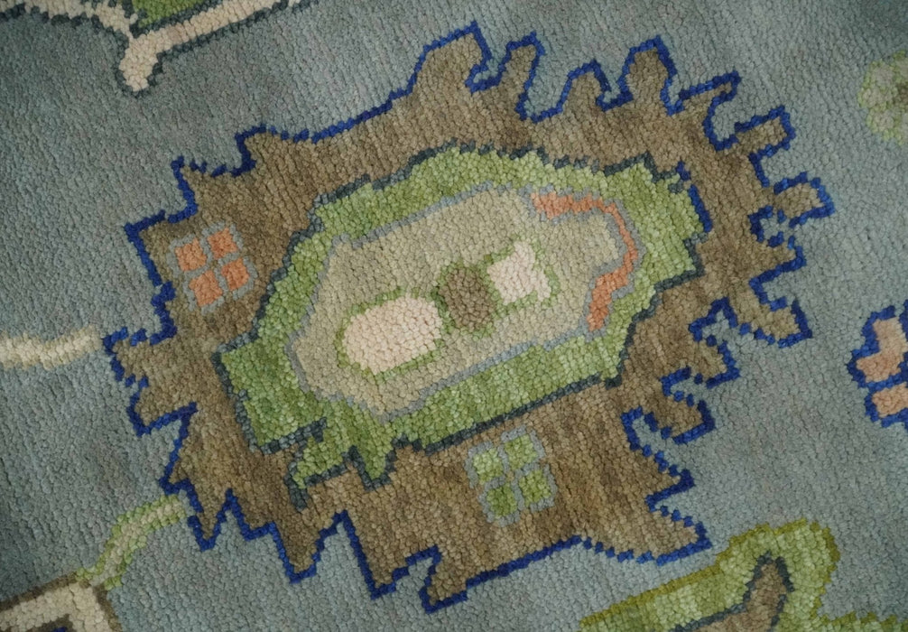 Vibrant Colorful Silver, Green and Light Peach Hand knotted Oushak wool Area Rug