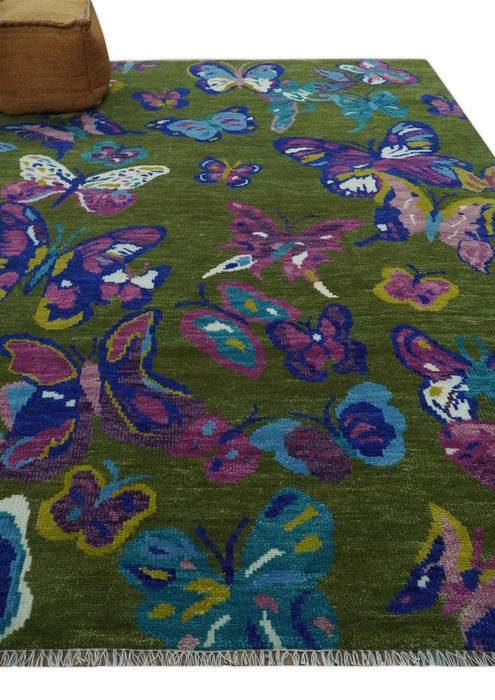 Vibrant Garden of Butterfly Green and Purple Hand knotted Multi size wool Area Rug