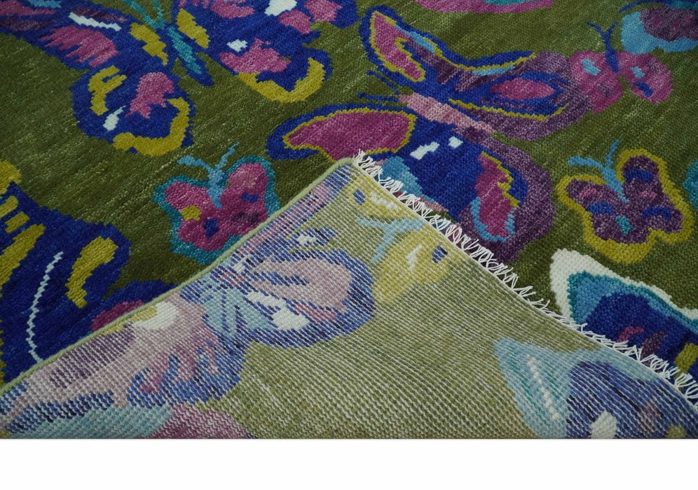 Vibrant Garden of Butterfly Green and Purple Hand knotted Multi size wool Area Rug