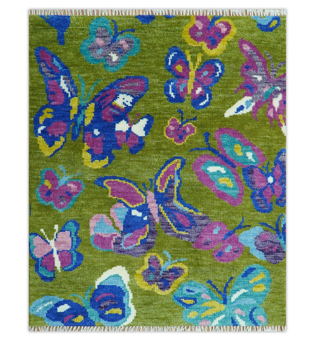 Vibrant Garden of Butterfly Green and Purple Hand knotted Multi size wool Area Rug