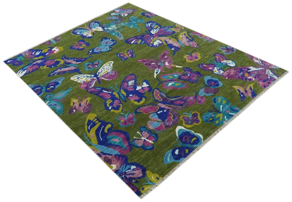 Vibrant Garden of Butterfly Green and Purple Hand knotted Multi size wool Area Rug