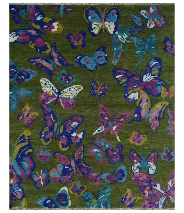 Vibrant Garden of Butterfly Green and Purple Hand knotted Multi size wool Area Rug