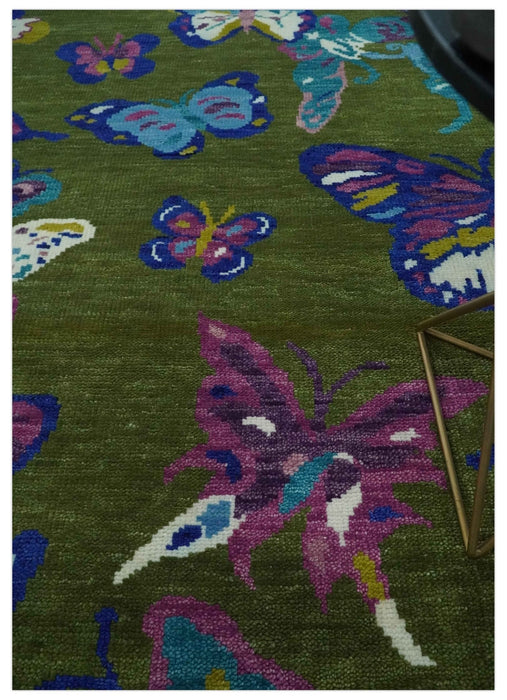 Vibrant Garden of Butterfly Green and Purple Hand knotted Multi size wool Area Rug
