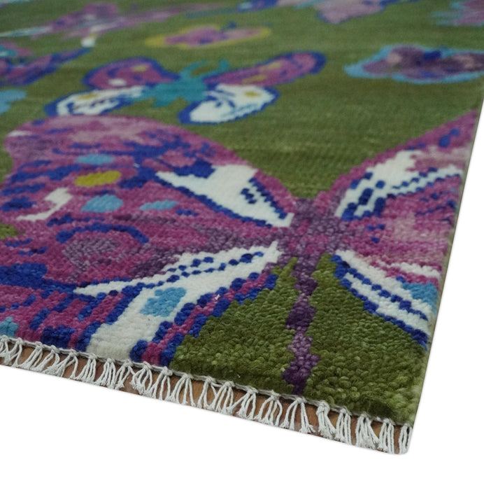 Vibrant Garden of Butterfly Green and Purple Hand knotted Multi size wool Area Rug
