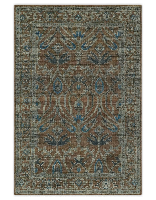 Vintage Style Hand Knotted Serapi Blue and Rust Traditional Custom Made Area Rug