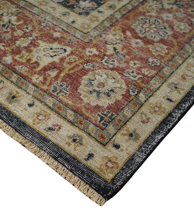 Vintage Hand Knotted Traditional Black, Rust and Beige Antique Textured Low Pile Distressed Wool Rug