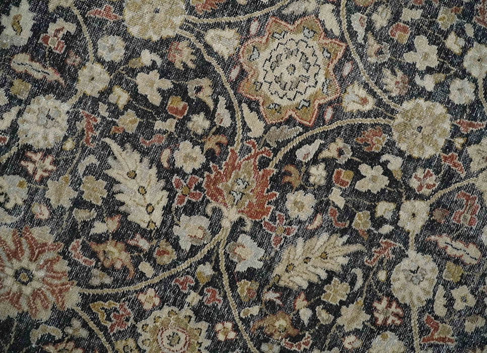Vintage Hand Knotted Traditional Black, Rust and Beige Antique Textured Low Pile Distressed Wool Rug