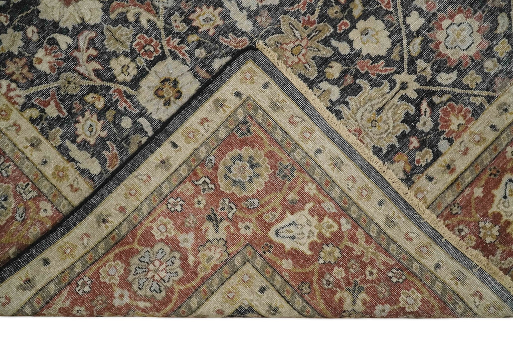 Vintage Hand Knotted Traditional Black, Rust and Beige Antique Textured Low Pile Distressed Wool Rug