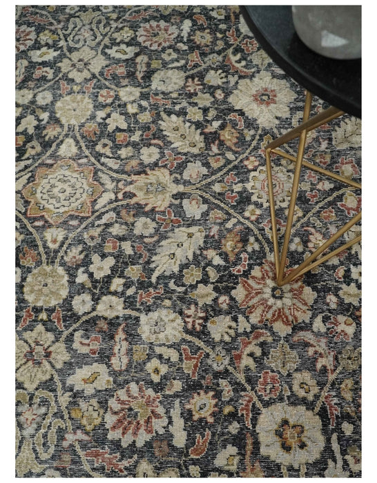 Vintage Hand Knotted Traditional Black, Rust and Beige Antique Textured Low Pile Distressed Wool Rug