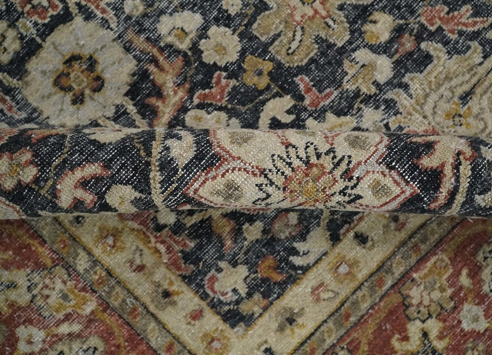 Vintage Hand Knotted Traditional Black, Rust and Beige Antique Textured Low Pile Distressed Wool Rug