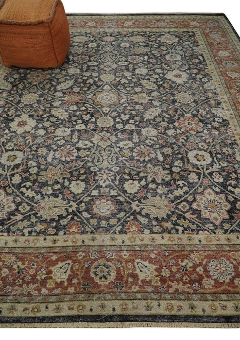 Vintage Hand Knotted Traditional Black, Rust and Beige Antique Textured Low Pile Distressed Wool Rug