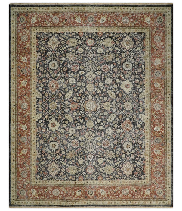 Vintage Hand Knotted Traditional Black, Rust and Beige Antique Textured Low Pile Distressed Wool Rug