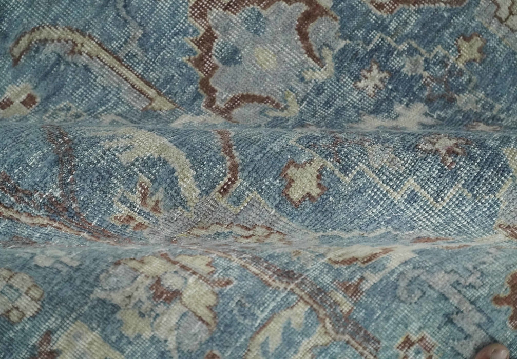 Antique Distressed finished Aqua, Beige and Brown Hand Knotted Oxidized Low Pile 8x10 Oriental Oushak wool Area Rug