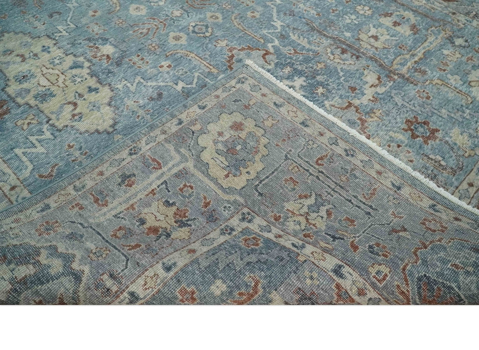 Antique Distressed finished Aqua, Beige and Brown Hand Knotted Oxidized Low Pile 8x10 Oriental Oushak wool Area Rug