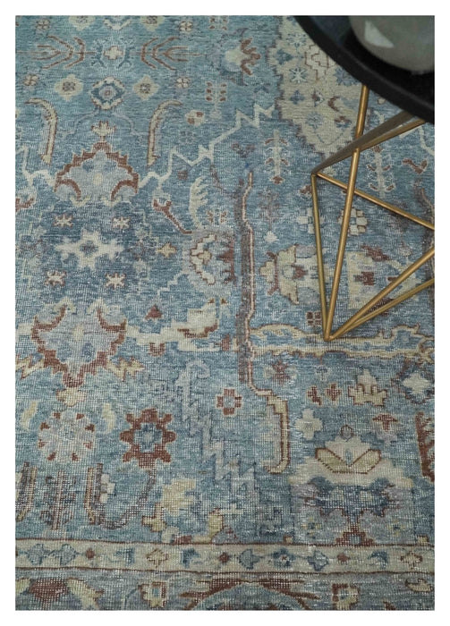 Antique Distressed finished Aqua, Beige and Brown Hand Knotted Oxidized Low Pile 8x10 Oriental Oushak wool Area Rug