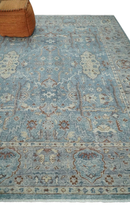 Antique Distressed finished Aqua, Beige and Brown Hand Knotted Oxidized Low Pile 8x10 Oriental Oushak wool Area Rug