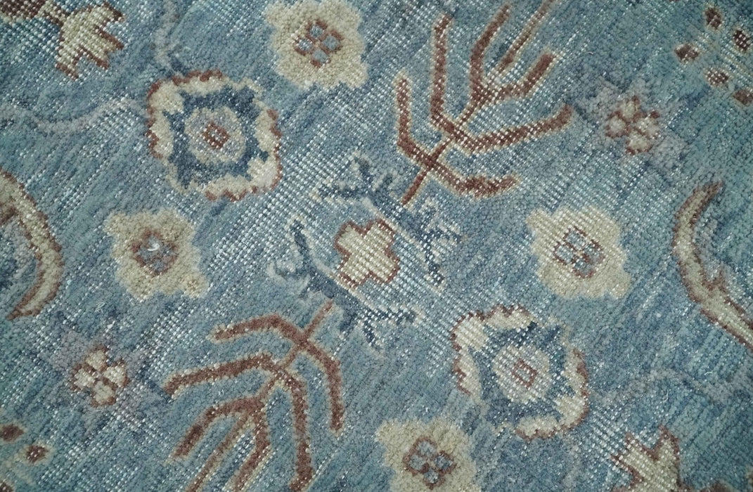 Antique Distressed finished Aqua, Beige and Brown Hand Knotted Oxidized Low Pile 8x10 Oriental Oushak wool Area Rug