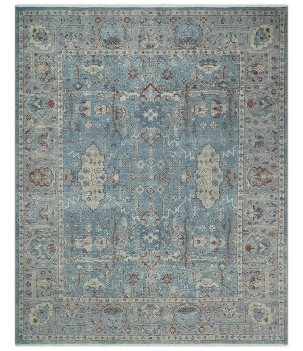 Antique Distressed finished Aqua, Beige and Brown Hand Knotted Oxidized Low Pile 8x10 Oriental Oushak wool Area Rug