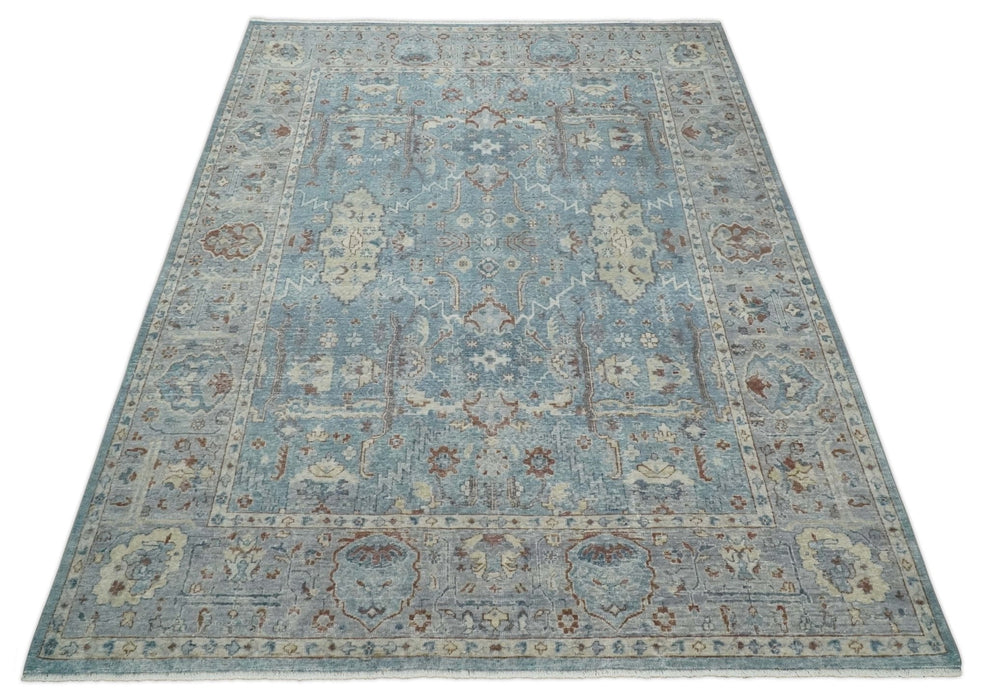 Antique Distressed finished Aqua, Beige and Brown Hand Knotted Oxidized Low Pile 8x10 Oriental Oushak wool Area Rug