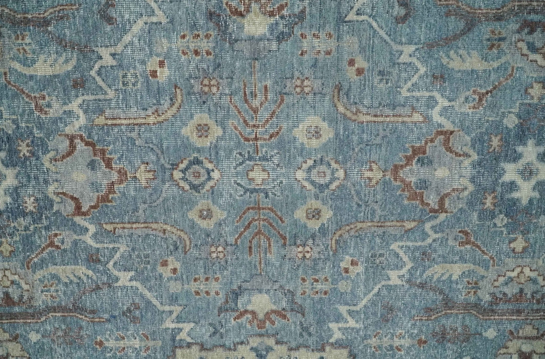Antique Distressed finished Aqua, Beige and Brown Hand Knotted Oxidized Low Pile 8x10 Oriental Oushak wool Area Rug