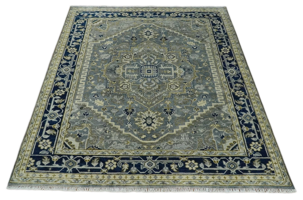 Vintage Style 8x10 Hand Knotted Heriz Serapi Gray, Beige and Blue Traditional Area Rug