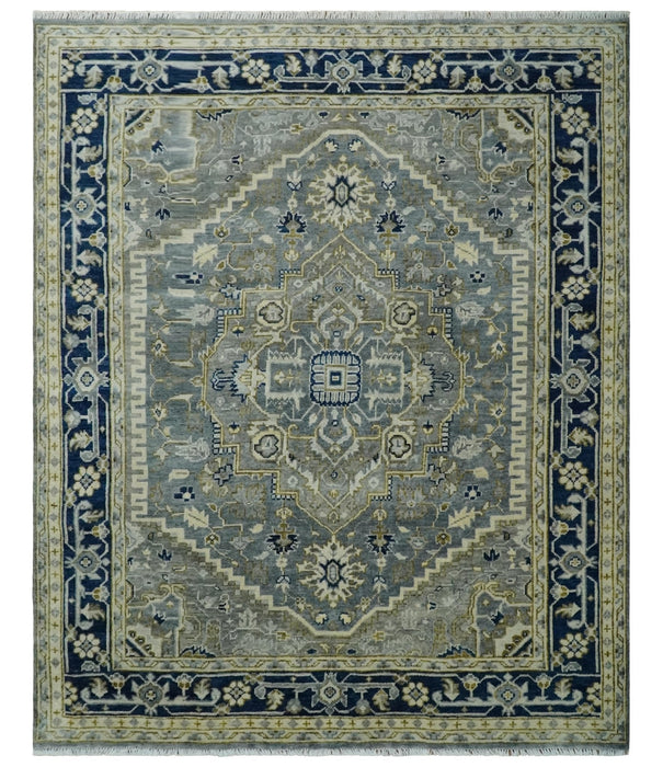 Vintage Style 8x10 Hand Knotted Heriz Serapi Gray, Beige and Blue Traditional Area Rug