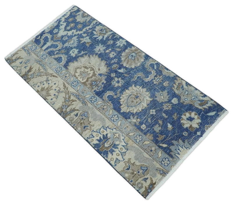 Vintage Hand Knotted 2x4 Blue, Ivory and Gray Traditional Oxidized Textured Persian Low Pile Wool Rug | N3424