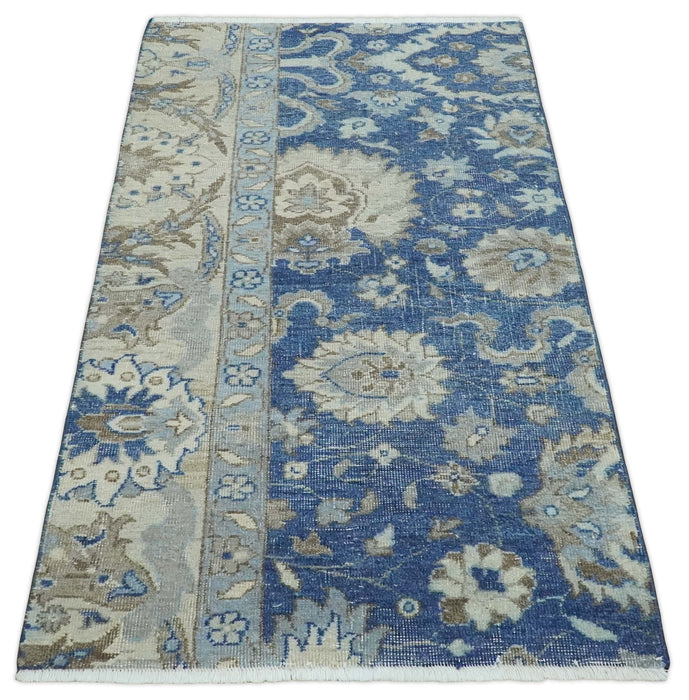 Vintage Hand Knotted 2x4 Blue, Ivory and Gray Traditional Oxidized Textured Persian Low Pile Wool Rug | N3424