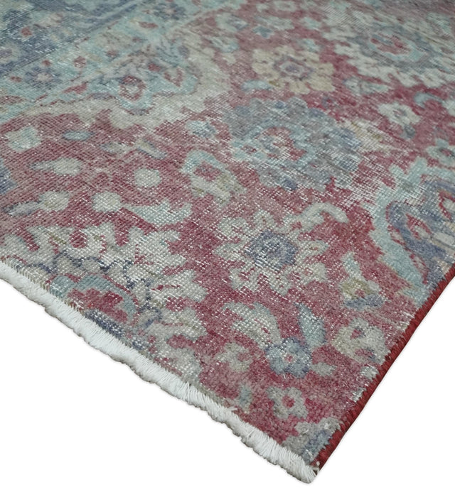 Vintage Hand Knotted 2x4 Maroon and Blue Traditional Oxidized Textured Persian Low Pile Wool Rug| N1824