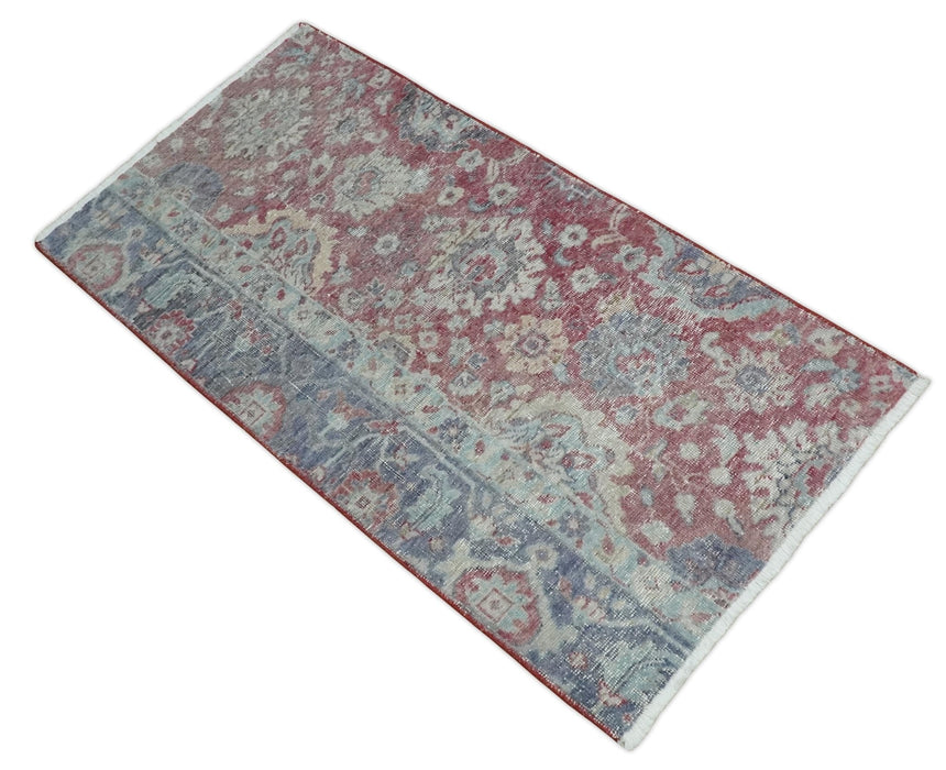 Vintage Hand Knotted 2x4 Maroon and Blue Traditional Oxidized Textured Persian Low Pile Wool Rug| N1824