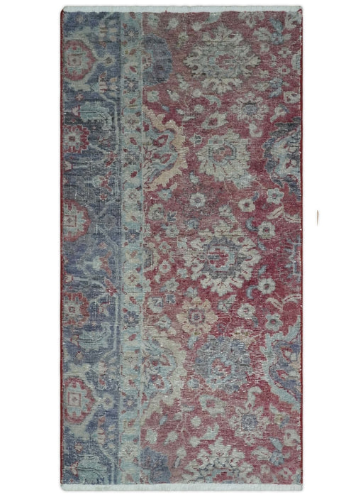 Vintage Hand Knotted 2x4 Maroon and Blue Traditional Oxidized Textured Persian Low Pile Wool Rug| N1824