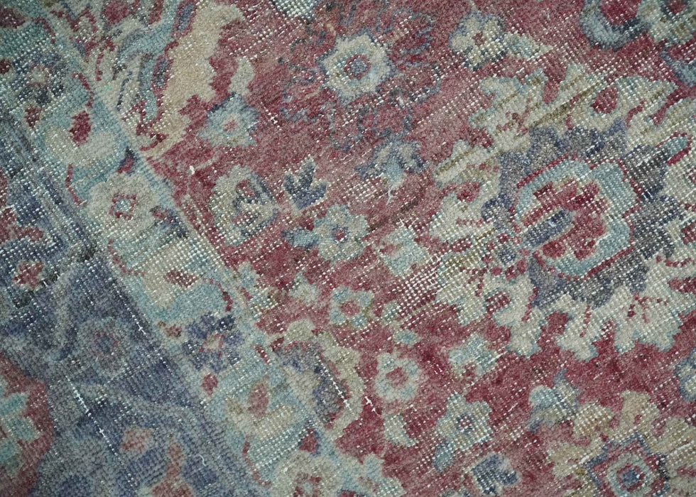 Vintage Hand Knotted 2x4 Maroon and Blue Traditional Oxidized Textured Persian Low Pile Wool Rug| N1824