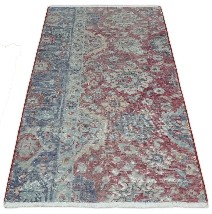 Vintage Hand Knotted 2x4 Maroon and Blue Traditional Oxidized Textured Persian Low Pile Wool Rug| N1824