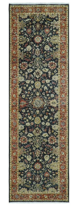 Vintage Hand Knotted Traditional Black, Rust and Beige Antique Textured Low Pile Distressed Wool Rug