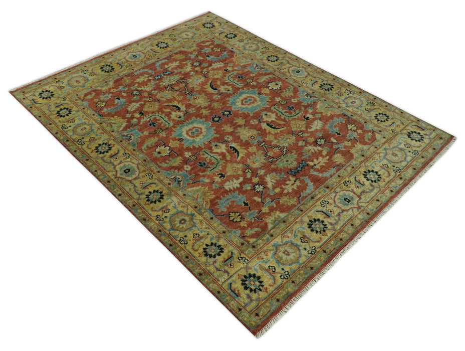 Vintage Style 8x10 Traditional Floral Rust and Olive Oriental Oushak wool area rug