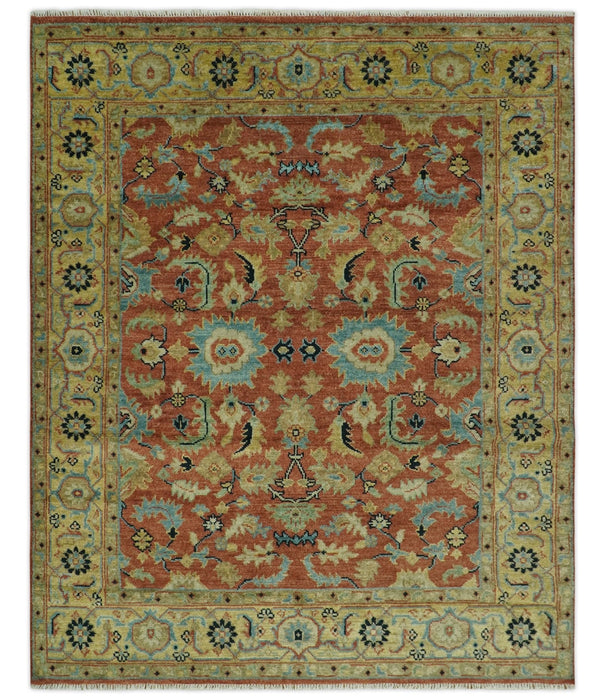 Vintage Style 8x10 Traditional Floral Rust and Olive Oriental Oushak wool area rug