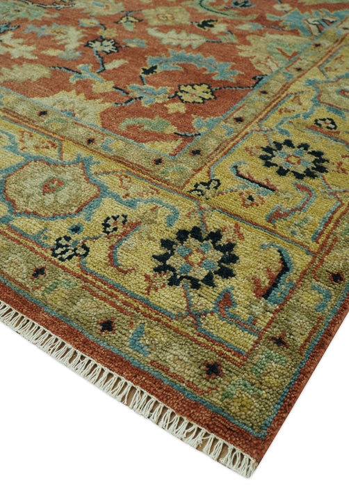 Vintage Style 8x10 Traditional Floral Rust and Olive Oriental Oushak wool area rug
